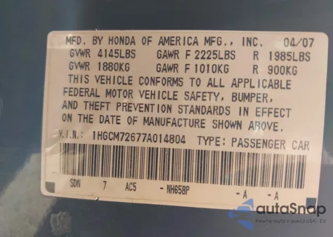 2007 Honda Accord 2.4 Ex z USA, uszkodzony, nr VIN 1HGCM72677A014804
